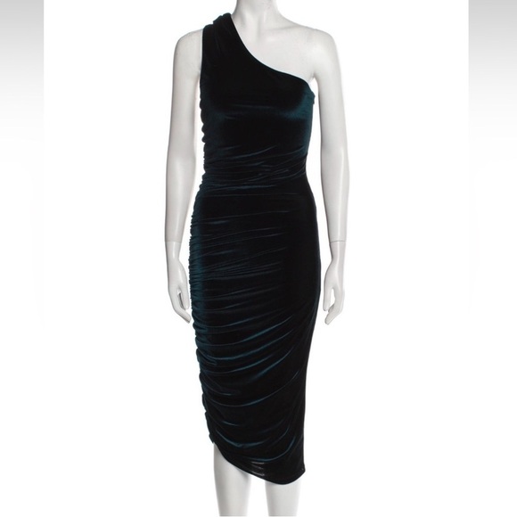 Alix NYC One-Shoulder Emerald Velvet Dress – Asymmetrical Ruched, Size S - Picture 6 of 6